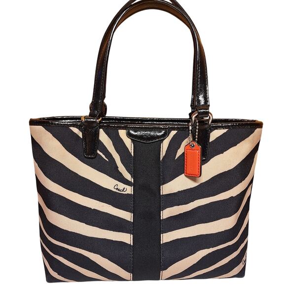 Coach signature zebra print top handles tote mini bag Y2K tan/black handbag - Picture 1 of 10